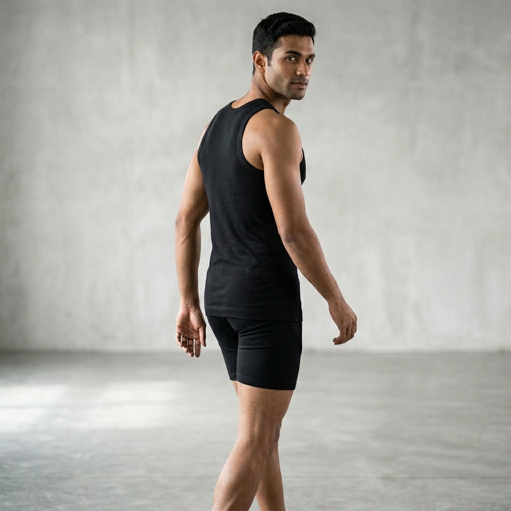 DORA Mens Cotton Rib Vest (Pack of 5)  | 100% Cotton Sleeveless Innerwear Baniyan | 1x1 Rib Fabric | Round Neck Fitted Vest | High Armhole Design | Breathable and Comfortable Black